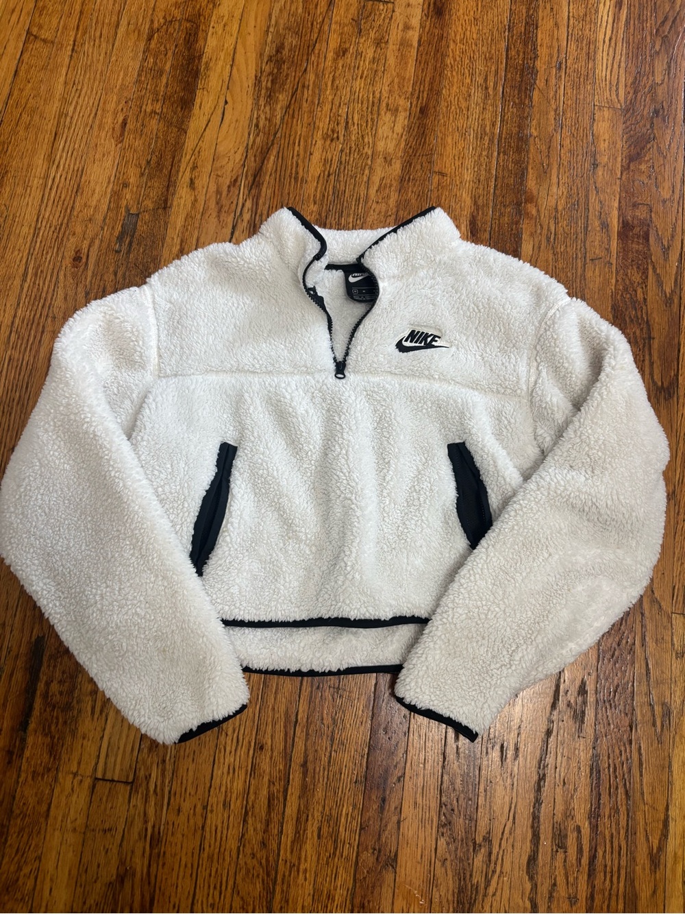 Nike White Sherpa Quarter-Zip Pullover Jacket with Black Trim